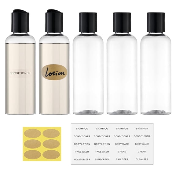 Travel Bottles Toiletries 3. 4 oz TSA Approved - 5 Pack Leak Proof Travel Size Containers, Clear Squeezable Plastic Bottles with Labels Shampoo Lotion, Flight Cruise Gym Essentials