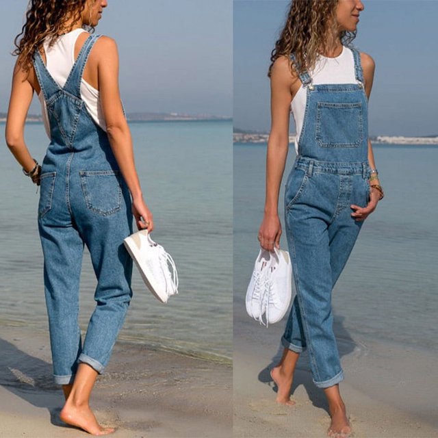 Monos vaqueros para mujer, peto holgado informal con bolsillos y tirantes, color azul, 2023