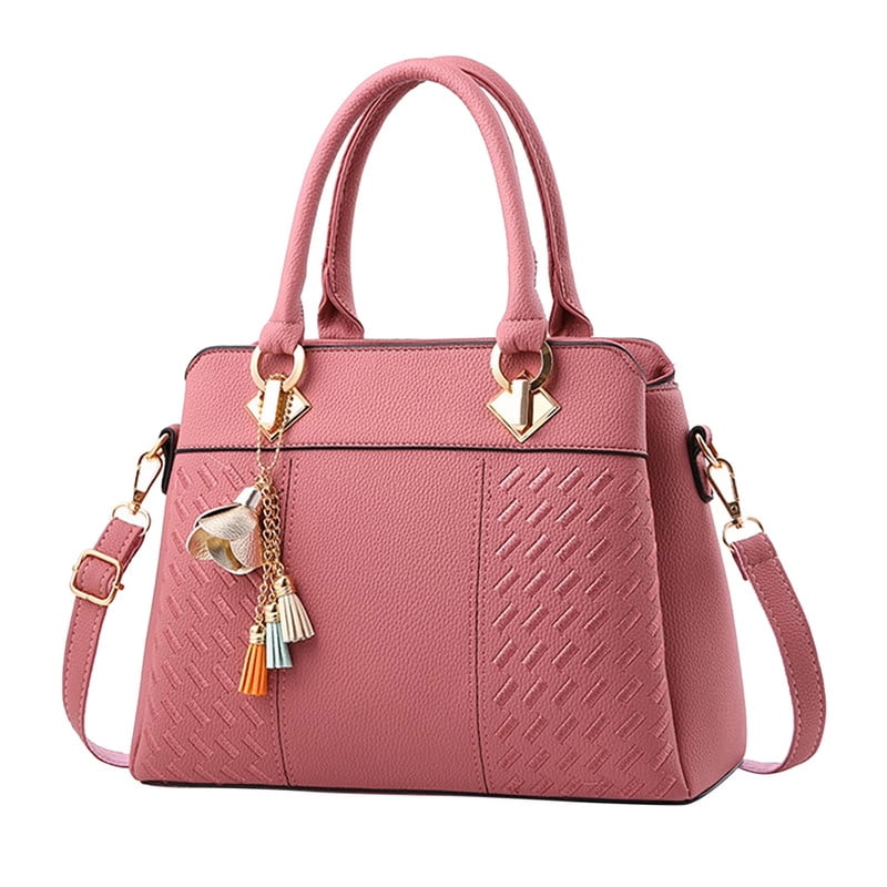 Classic Tote Handbag for Women, PU Leather Satchel with Top Handles,Multiple Pockets, 12.2×5.5×9.1 in, Detachable Crossbody Strap, Lightweight Work/Weekend Bag Ladies Purse(Pink)