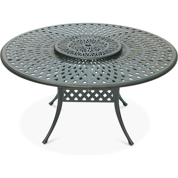 VIVIJASON Outdoor 61" Patio Dining Table for 6-8 Person, Large Patio Round Dining Table with 24" Lazy Susan, Dark Bronze Cast Aluminum Rustic Patio Table W/Umbrella Hole for Balcony, Porch and Deck