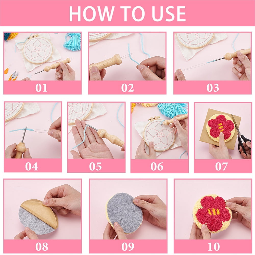 8Pcs 8 Styles DIY Polyester Coaster Punch Embroidery Starter Kits Including Threads Flat Round 12mm 1pc/style