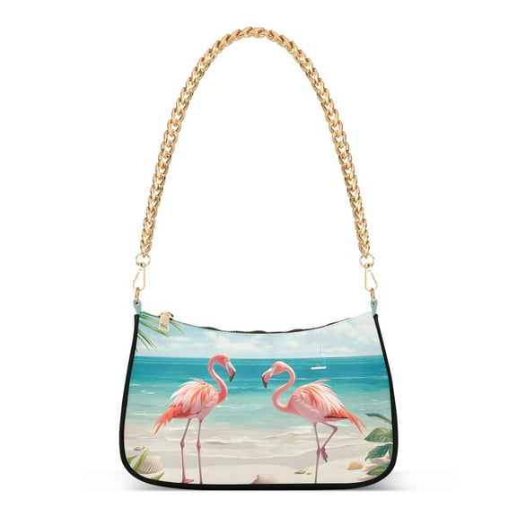 Ryvnso Flamingos and Starfish Shells on Beach Womens Chain Shoulder Bag Tote Handbags Clutch Hobo Purse with Zipper for Travel