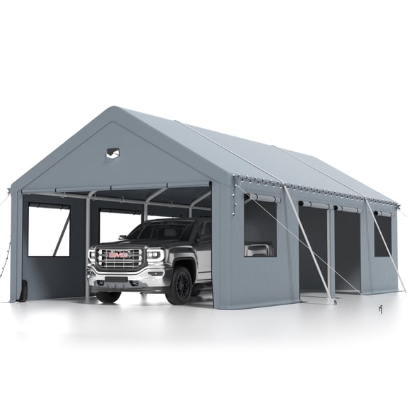 13 ft. W x 25 ft. D Carport Canopy with Side Doors, Heavy Duty Car Ports with Sidewalls, Drive Through Portable Garage, Grey