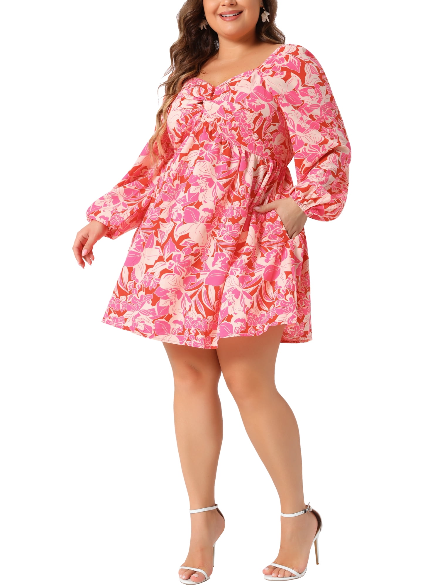 DARING DIVA Plus Size Sweetheart Neckline Puff A Line Floral Dress 4X Pink