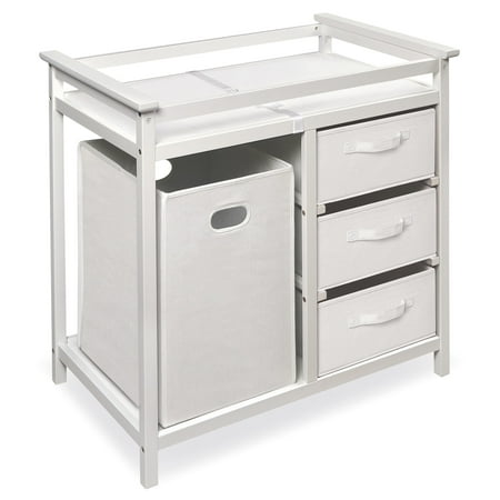 Badger Basket Modern Baby Changing Table with Hamper and 3 Baskets, White, Includes Pad
