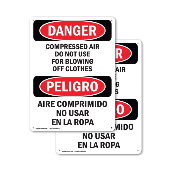 (2 Pack) Compressed Air Not For Clothes Bilingual OSHA Danger Sign 18 Inch X 24 Inch Indoor / Outdoor Rust-Free Aluminum Metal Signs for Workplace, Workshop, and Construction Site, Made