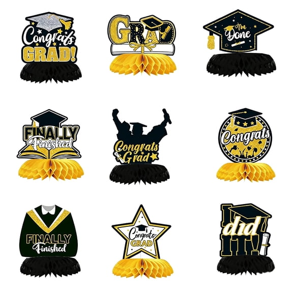 Starlight 9Pcs 2026 Graduation Decorations, 6.3 inch Honeycomb Graduation Table Decorations, Graduation Backdrop 2026 Black and Gold Decor, for Home Graduation Party Supplies