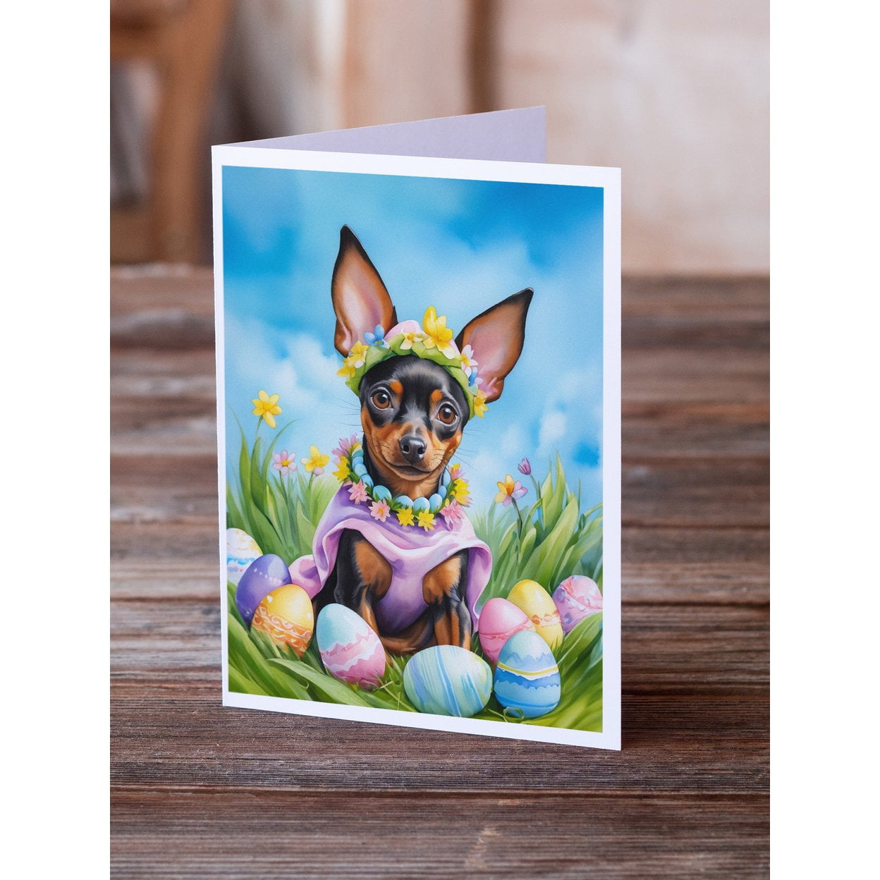Miniature Pinscher Easter Egg Hunt Greeting Cards Pack of 8 7 in x 5 in