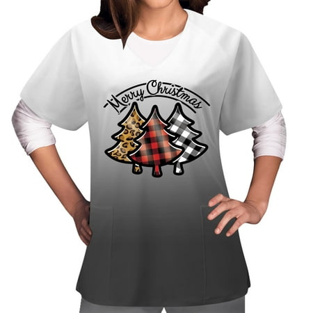 

XFLWAM Women s Christmas Scrub Tops Plus Size V-Neck Cute Reindeer Santa Claus Print T Shirts Workwear Nurse Uniform Tee with Pockets Gray-5 S