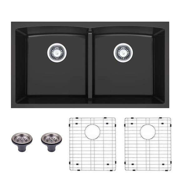 HIGOLD 33 inch Double Equal Bowl Quartz Kitchen Sink in Black, Undermount Farmhouse Sink, 33"×18"×9"