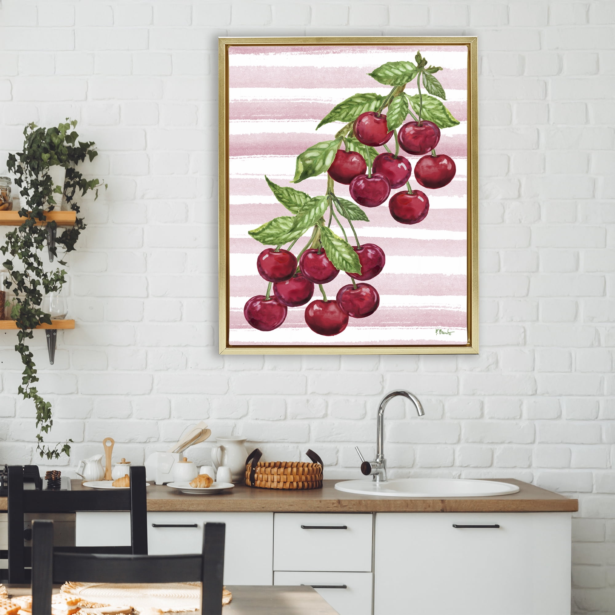 Stupell Industries Juicy Cherry Vine on Stripes Gold Framed Floater Canvas Wall Art, design by Paul Brent