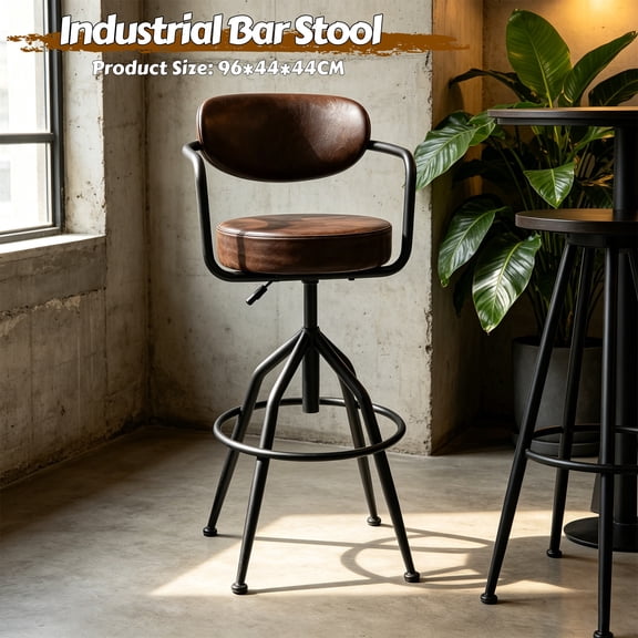 Industrial Bar Stool with Backrest and Armrests, Adjustable Height Counter Chair with Footrest for Kitchen Island Home Bar