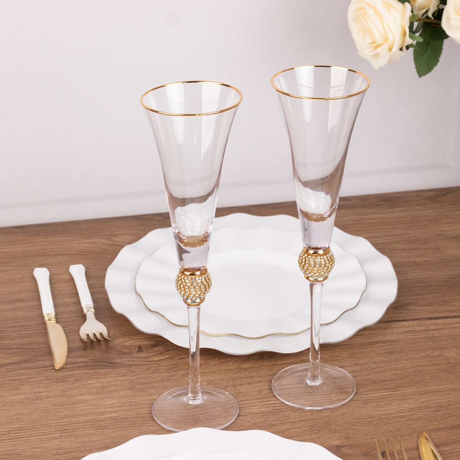 BalsaCircle 6 Clear Champagne Flute Glasses 6oz Gold Rim Design with Rhinestones Party Events Decorations