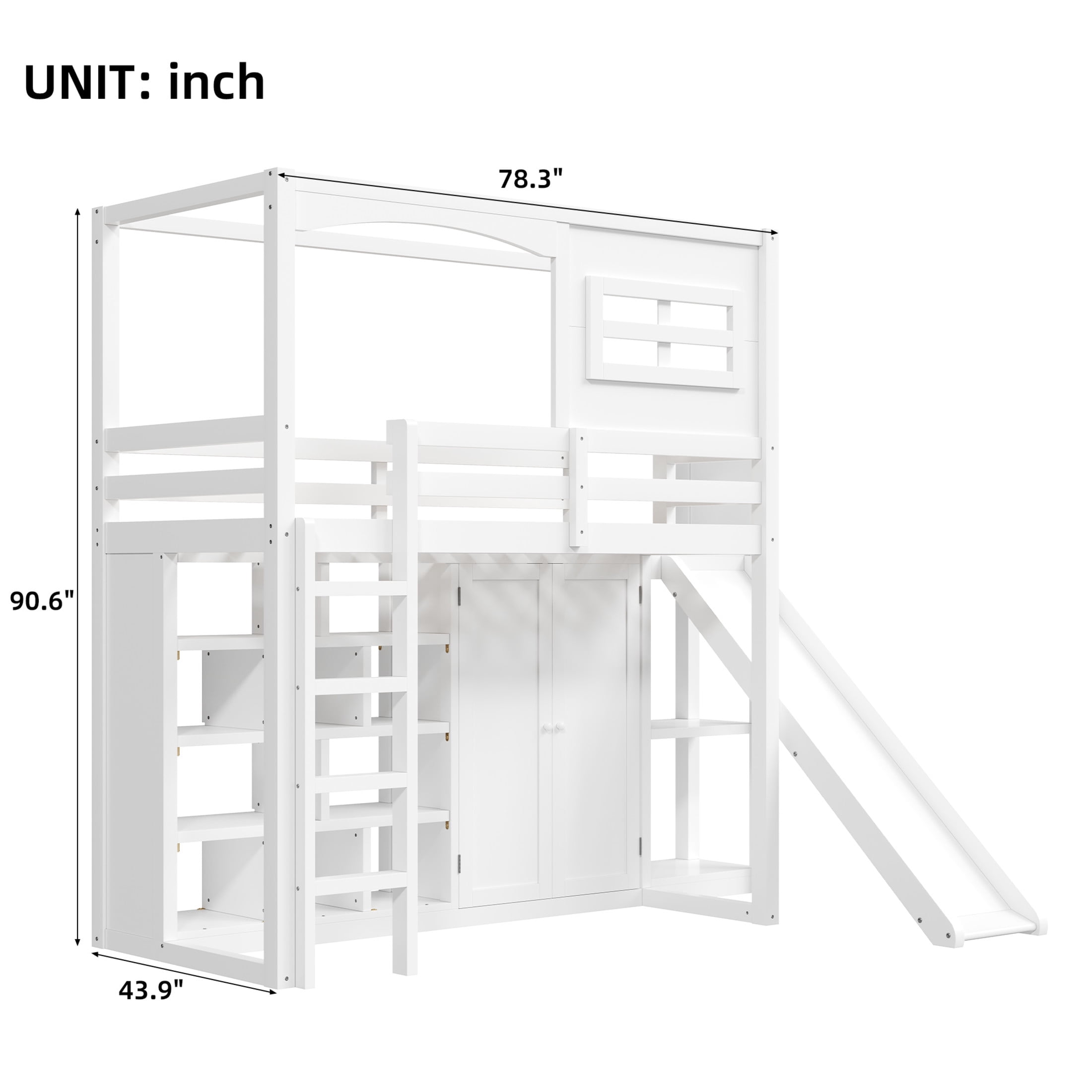 Noble House Briva Twin Wood Loft Bed with Wardrobe, Storage Shelves, Slide and LED Lighting, White
