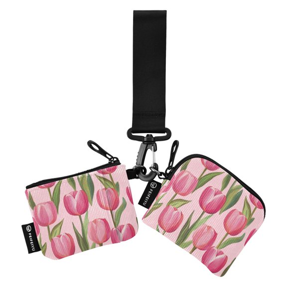 Portable Coin Purse Two 4.13x4.13 Iinches 4.13x3.5 Inches Wrist Coin Purse Keys Coin Purse Portable Women's Purse Pink Tulips3