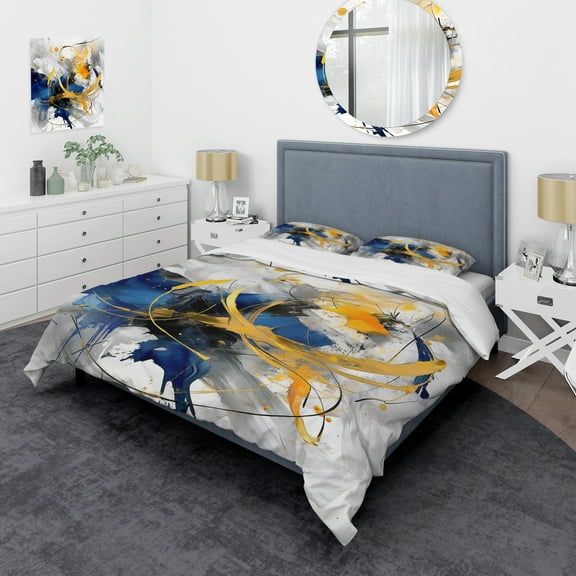 DESIGN ART Designart "Dark Blue and Gold Strokes XIV" Blue Modern - Bedding Cover Set With Shams King