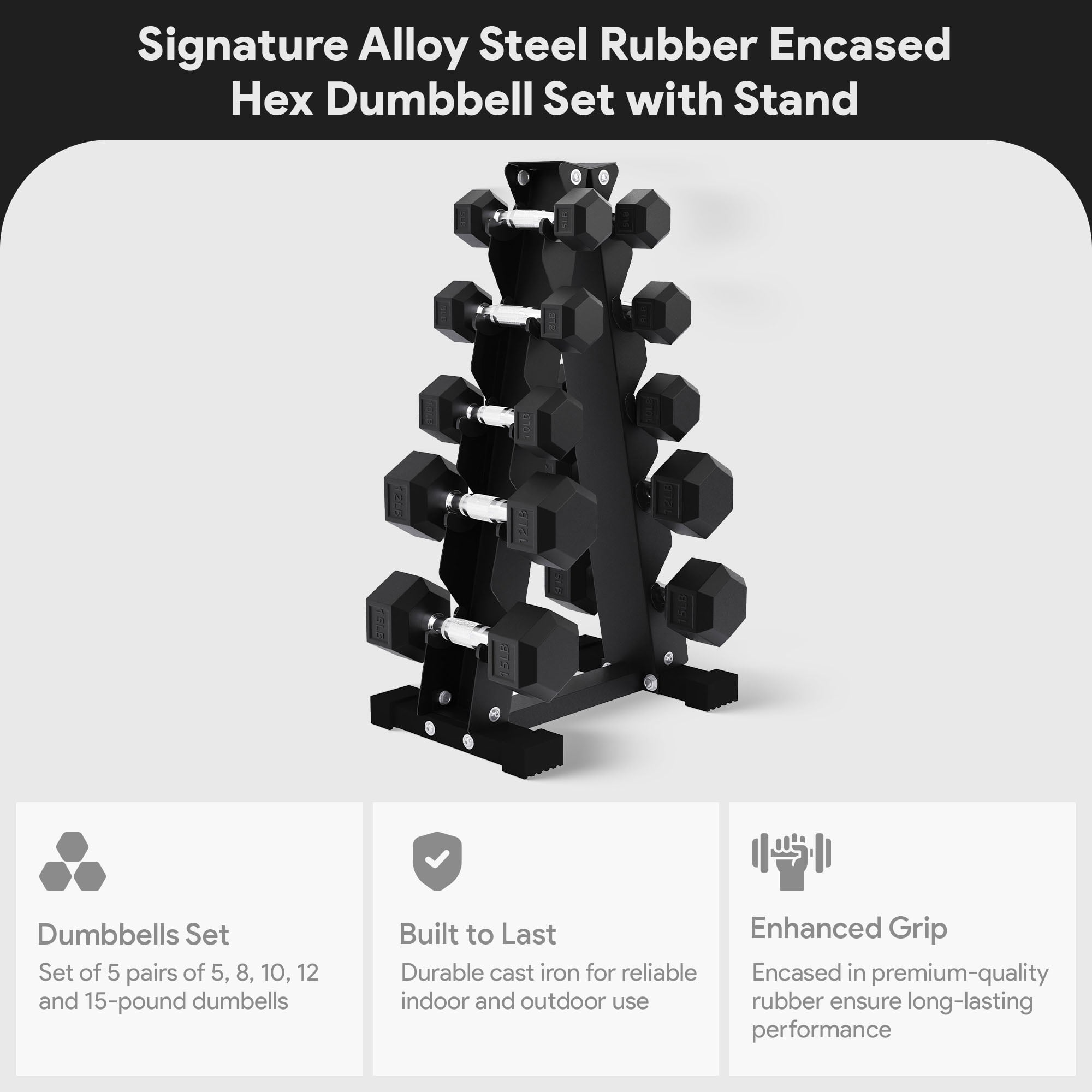 BalanceFrom Rubber Coated Iron Hex Dumbbell Set With A-Frame Rack, 100 lb, Black