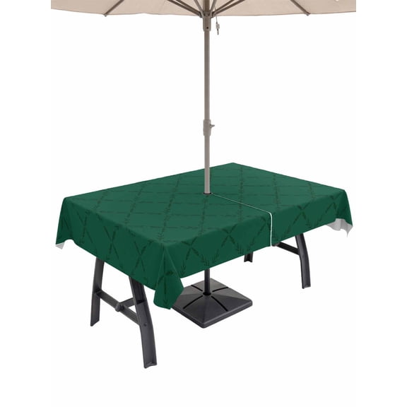 Outdoor Tablecloths with Umbrella Hole & Zipper, Dark Green Plaid Rectangle Tablecloth 52x70 Inch, Country Vintage Abstract Striped Lattice Waterproof Table Cloth, Patio/Pool/Picnic Table Covers