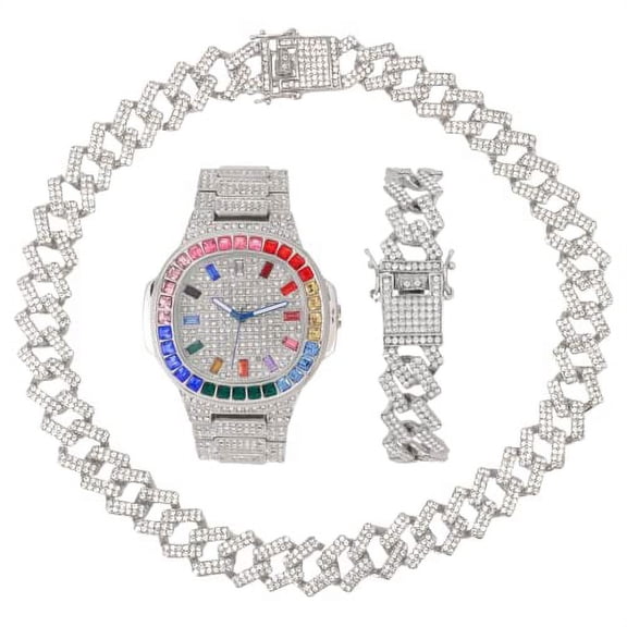 Charles Raymond Iced Out Mens Color on Blast Watch Single or Combo Sets with Blinged Out Bracelets Set. Iced Out Colourful Rainbow Flame Collection (ST10376 SLV ZZ Set)