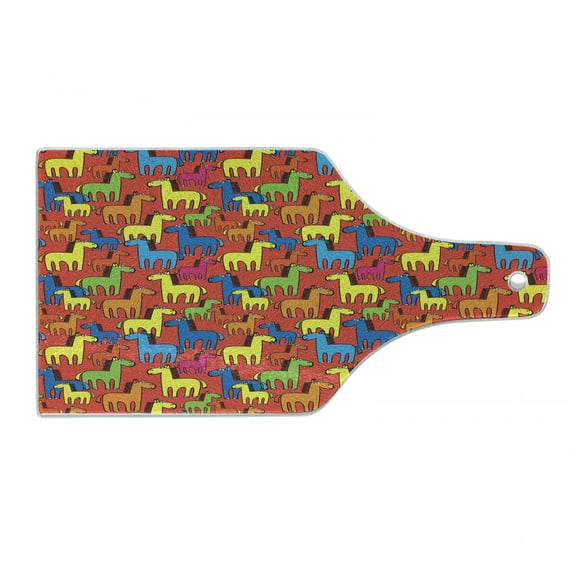 Horses Cutting Board, Colorful Cartoon Stallion Characters Abstract Farm Animals Mane Silhouettes Doodle, Tempered Glass Cutting and Serving Board, Wine Bottle Shape, Multicolor, by Ambesonne