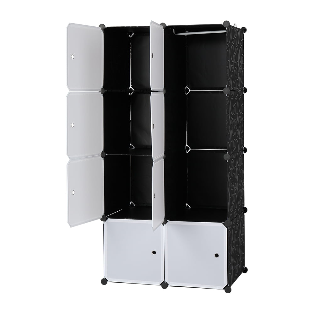 8 Cube Organizer Stackable Plastic Cube Storage Shelves Modular Closet Cabinet with Hanging Rod White Doors and Black Panels
