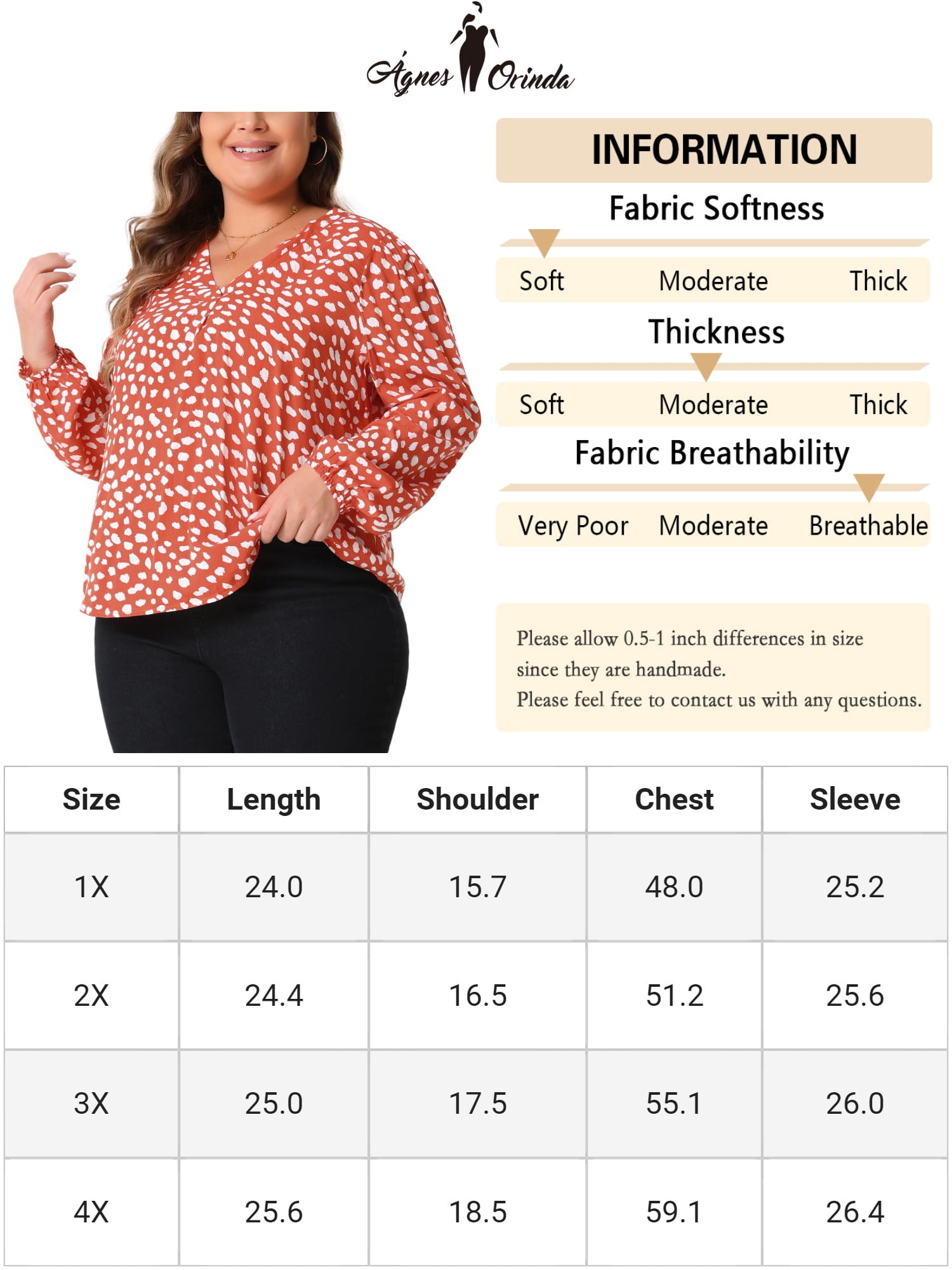 DARING DIVA Women's Plus Polka Dot V Neck Long Sleeve Blouse 4X Orange