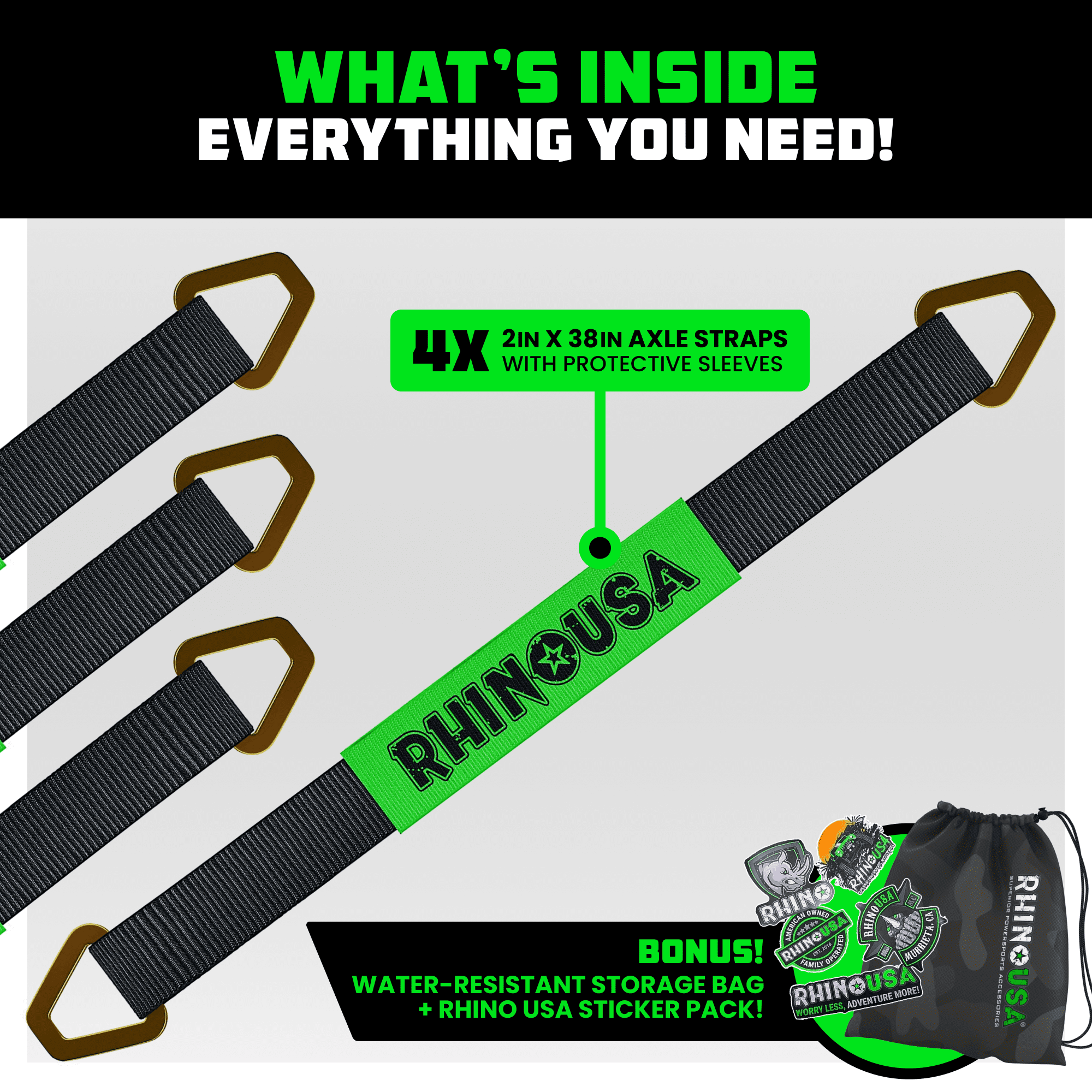 Rhino USA Axle Tie Down Straps - 11,128lb. Break Strength - Protective Sleeves & D Rings (4 Pack)