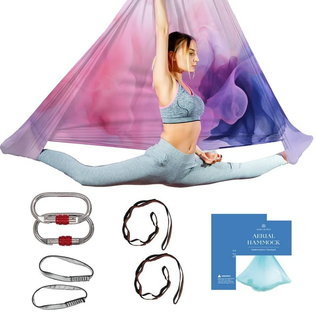 Hamaca y Columpio de Seda Aérea para Yoga en Casa, Ejercicios de Inversión, Kit Inicial para Todos los Niveles - Duradero con Correas de Extensión, Mosquetones y Guía de Posturas