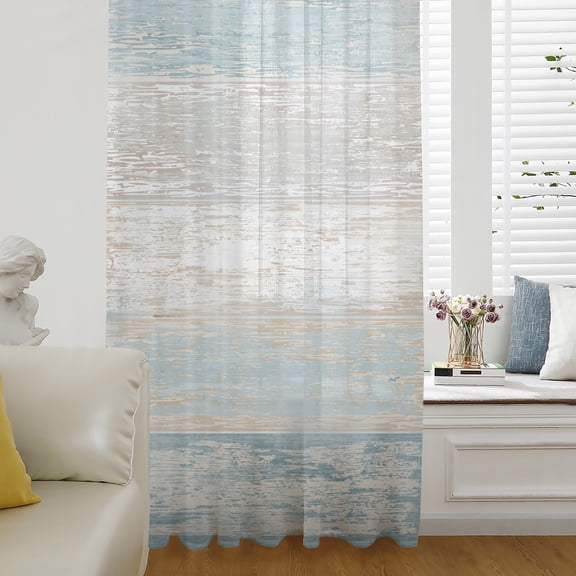Blue Beige Farmhouse Sheer Curtains 45 Inch Length, Light Filtering Voile Curtain Panel, Vintage Wooden Striped Rod Pocket Drapes Window Treatments for Living Room Bedroom 52"x45"
