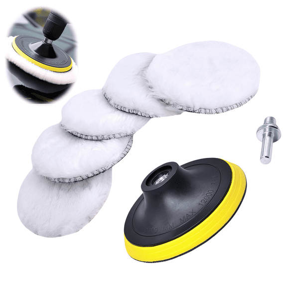2026 New 6 Inch Wool Polishing Pad Kit, 7PCS Buffing Pads with Hook & Loop Backing Pad & Drill Adapter, Car Buffer Polisher Kit for Polishing & Waxing, Drill Buffer Attachment