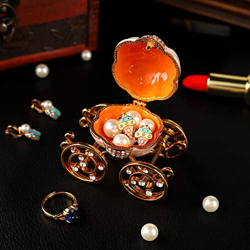 QIFU-Hand Painted Enameled Pumpkin Carriage Hinged Jewelry Trinket Box... 