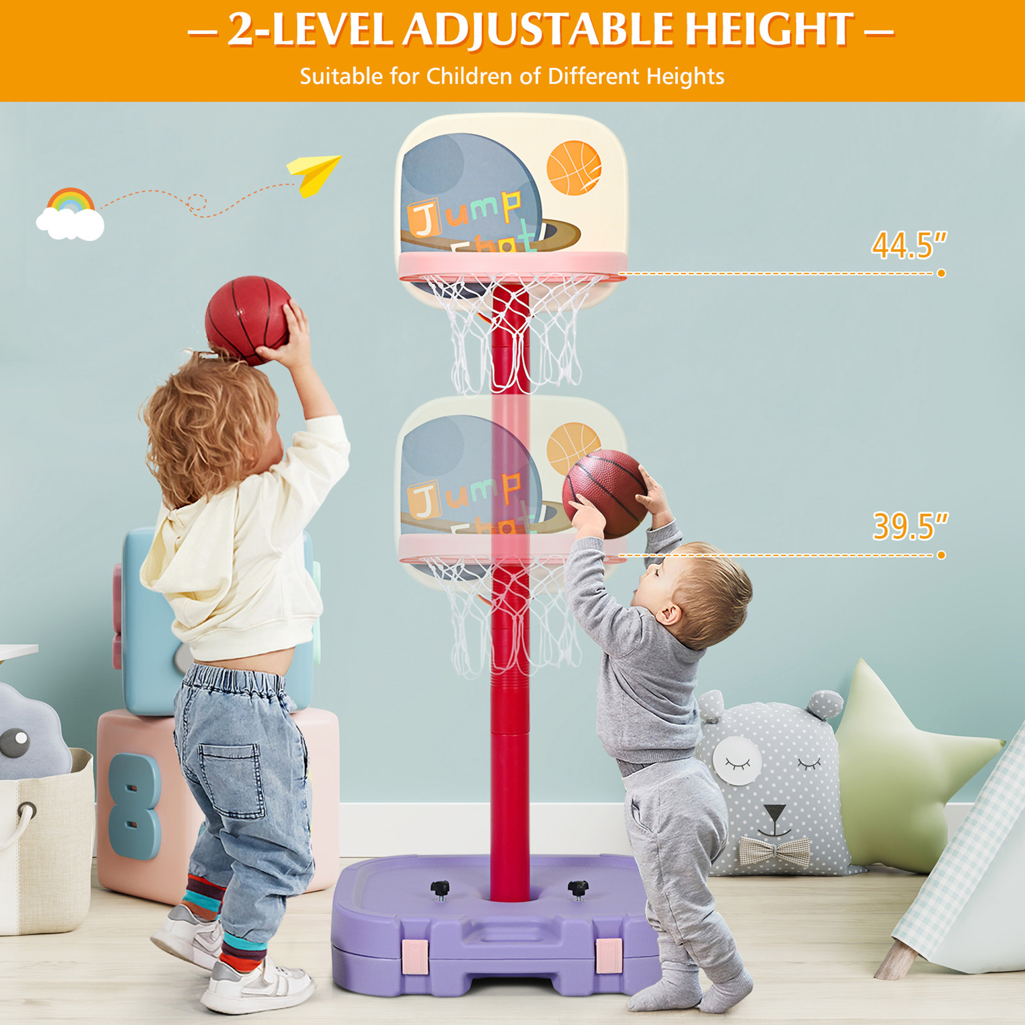 Gymax Portable 2 in 1 Kids Basketball Hoop Stand w/ Ring Toss & Storage Box Purple