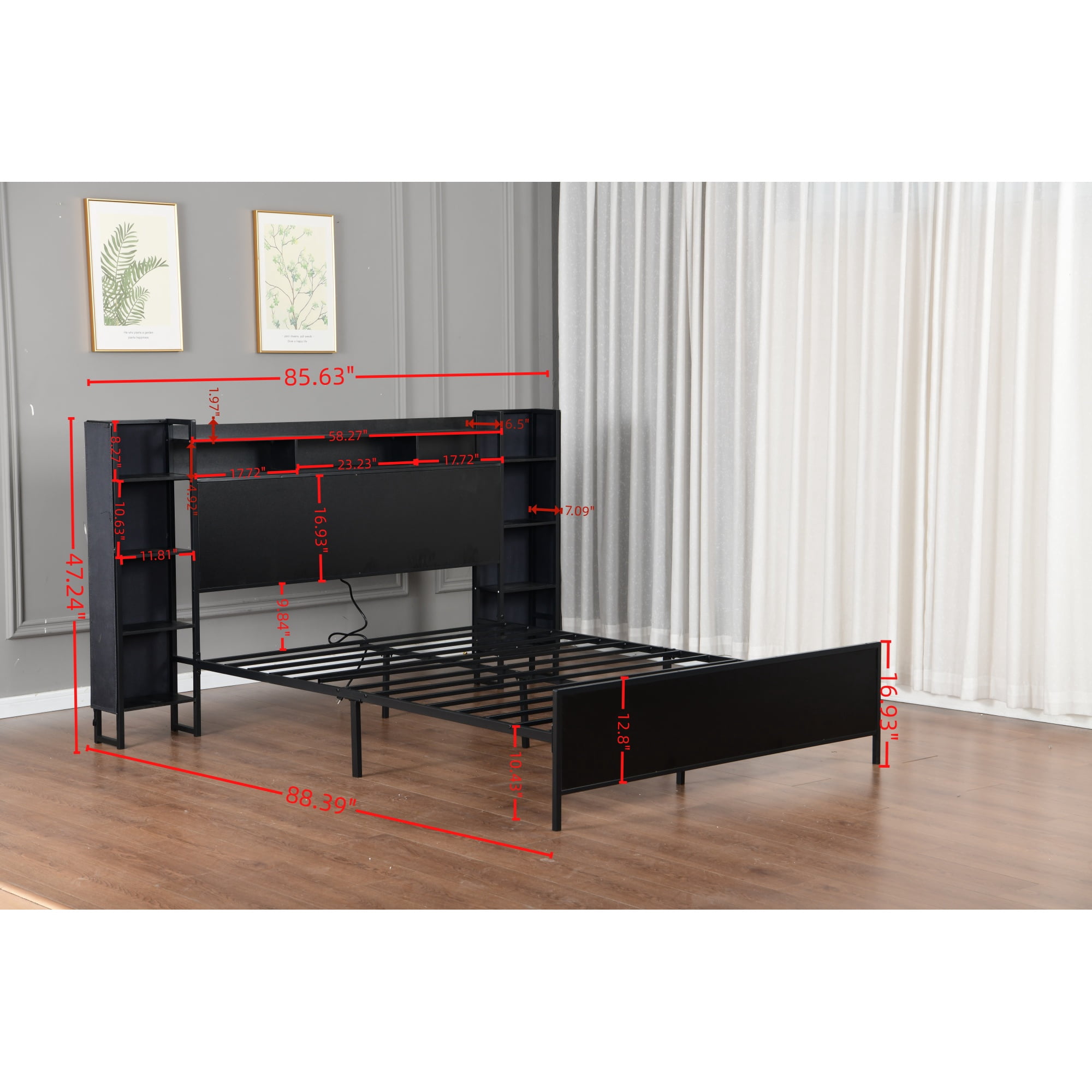 Leumius Queen Size Bed Frame with Storage Headboard and LED Lights,Heavy Duty Metal Platform Bed with USB Charging Station,No Box Spring Needed,Black