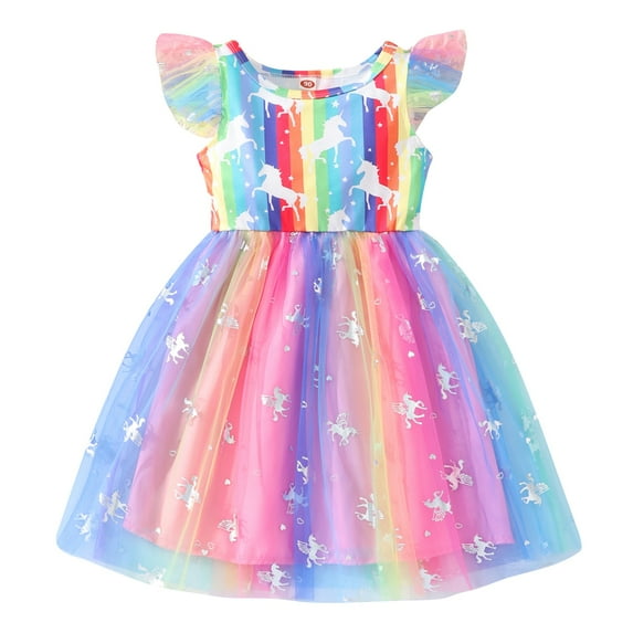 SILVERCELL Girls Tulle Dress, Unicorn Rainbow Printed Ruffle Sleeve Tutu Dress for Toddler Birthday Casual 18M-6T