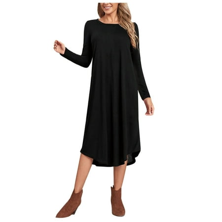 

QIPOPIQ Women Dresses Clearance Fashion Women Round Neck Leisure Solid Color Pocket Long Sleeve Autumn Dress
