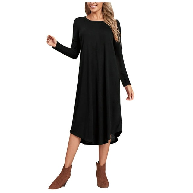Robe d'Automne à Manches Longues pour Femmes, Coupe Ample Décontractée, Robe T-Shirt avec Poches, Couleur Unie, Col Ras du Cou, Robe Midi Droite