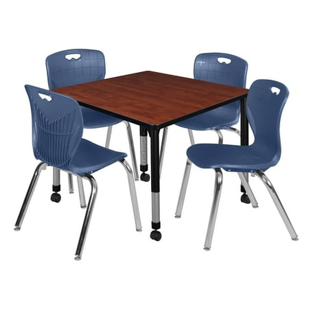 UPC: 0192357043417 | Regency 42 in. Kee Square Height Adjustable Mobile Classroom Table  Cherry & 4 Andy 18 in. Stack Chairs – Navy Blue