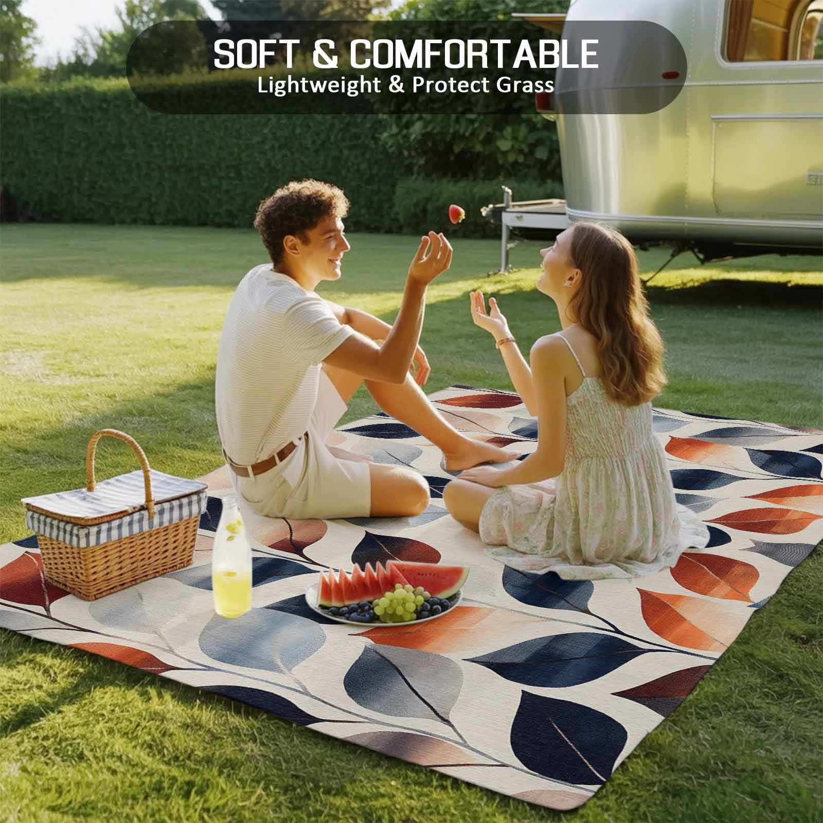 Navy Blue Burnt Orange Botanical Outdoor Rug 4x6 Ft - Reversible Patio Rug Outdoor Camping Rugs, Vintage Leaves Washable Indoor Outdoor Area Rugs, Non-Slip Outdoor Carpet Runner for Deck/Porch