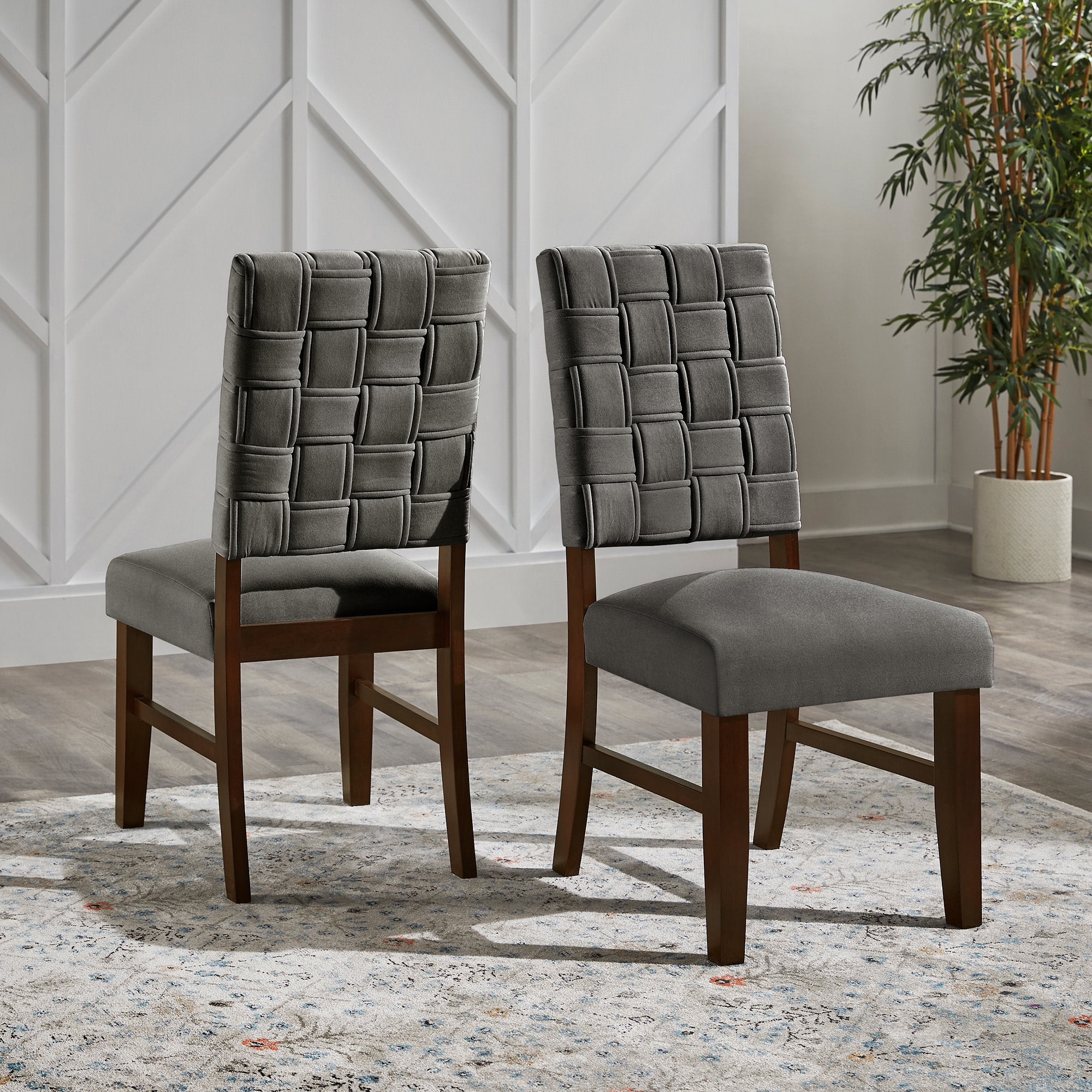 Weston Home Alle Walnut Finish Woven Fabric Dining Chairs, Dark Gray (Set of 2)