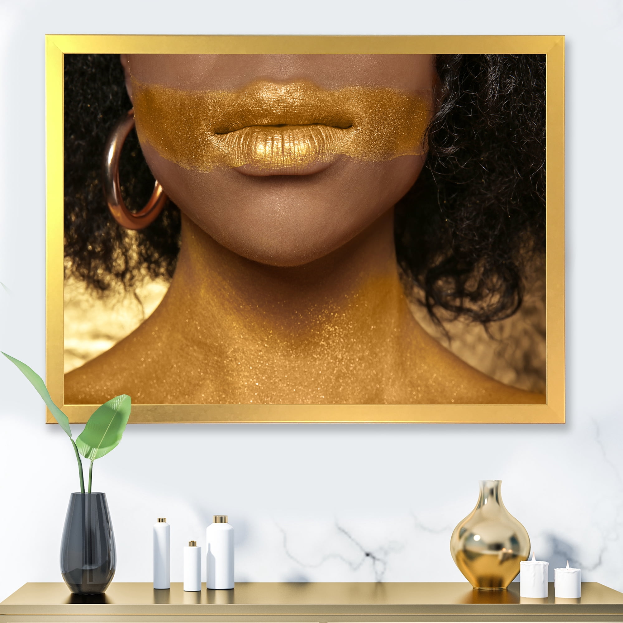 Designart 'Afro American Girl With Golden Paint on Body' Modern Framed Art Print