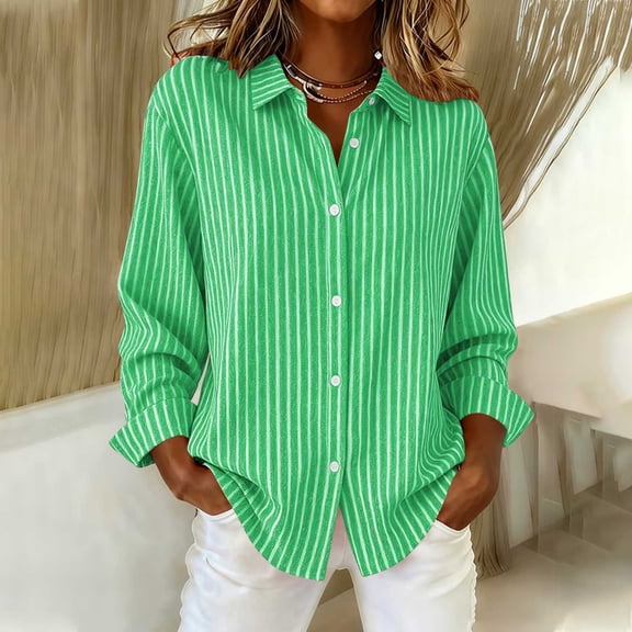 Craaazy Women's Striped Blouse Button Down Turn-Down Collar Long Sleeve Casual Top for Summer and Casual Outings Gifts