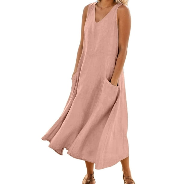 Vestido largo sin mangas con cuello en V y color liso para mujer: corte holgado, bolsillos, vestido informal cómodo para el día a día.