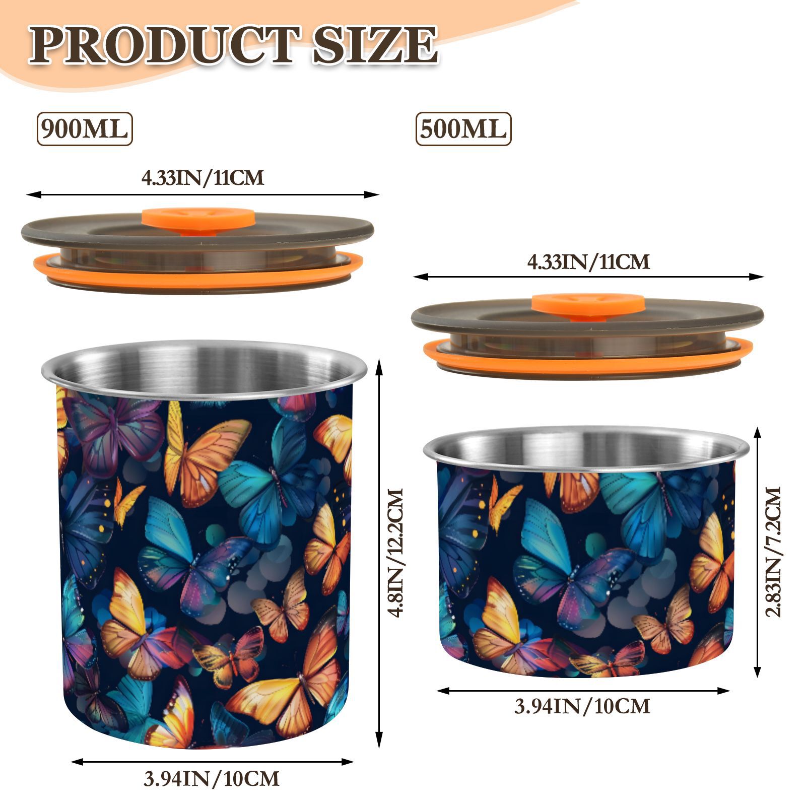 Butterflies Colorful Airtight Coffee Bean Canister 30oz Food Storage Containers with Lids For Gournd, Tea, Sugar, Flour, Rice, Cereal, Candy Cookie Jar