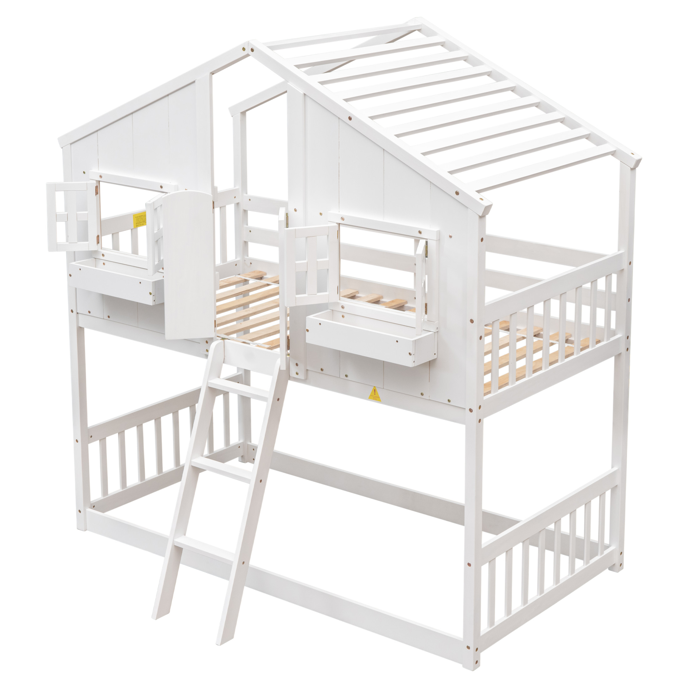 Noble House Twin Over Twin House Bunk Bed, Pine Wood Frame with Safety Guardrails and Ladder, White