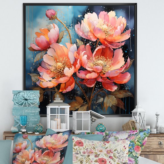 Designart "Delightful Peach Peony Garden I" Peonies Floater Framed Canvas Prints