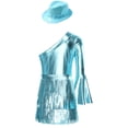 thumbnail image 6 of inlzdz Girls 3Pcs Groovy Jazz Dance Disco Outfit Metallic One Flared Sleeve Leotard with Tassel Skirt Sequin Hat Set Blue 16, 6 of 7