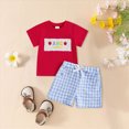 thumbnail image 2 of HCNTES Toddler Boy 4th of July Patriotic Clothes Set, ABC Letter Embroidered T-Shirt & Plaid Shorts 2Pcs Independence Day Outfits 6 12 18 24M 2T 3T, 2 of 7