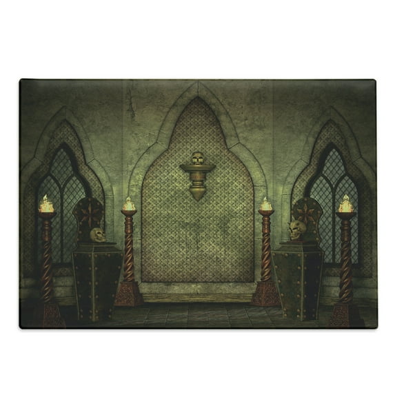 Gothic Cutting Board, Fantasy Scene with Old Fashioned Wooden Torch and Skull Candlesticks in Dark Spooky Room, Decorative Tempered Glass Cutting and Serving Board, Large Size, Brown, by Ambesonne