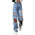 thumbnail image 1 of Pantalones vaqueros rasgados Prolriy para mujer, de cintura elástica, con botones, con agujeros y bolsillos, holgados, estilo boyfriend, color azul XXL, 1 of 8