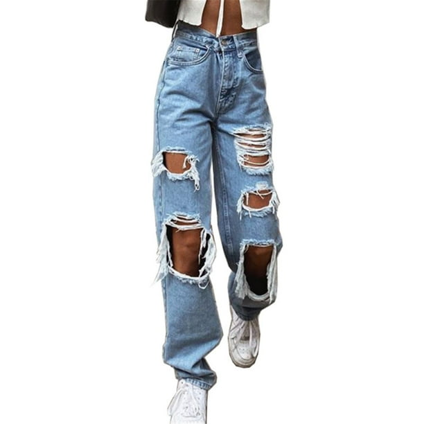 Pantalones vaqueros rasgados Prolriy para mujer, de cintura elástica, con botones, con agujeros y bolsillos, holgados, estilo boyfriend, color azul, talla M